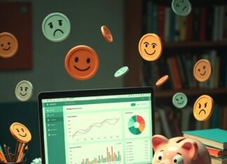 Best Personal Finance Software to Master Your Money Cluttered desk at night with overdraft alert and sad dollar rain