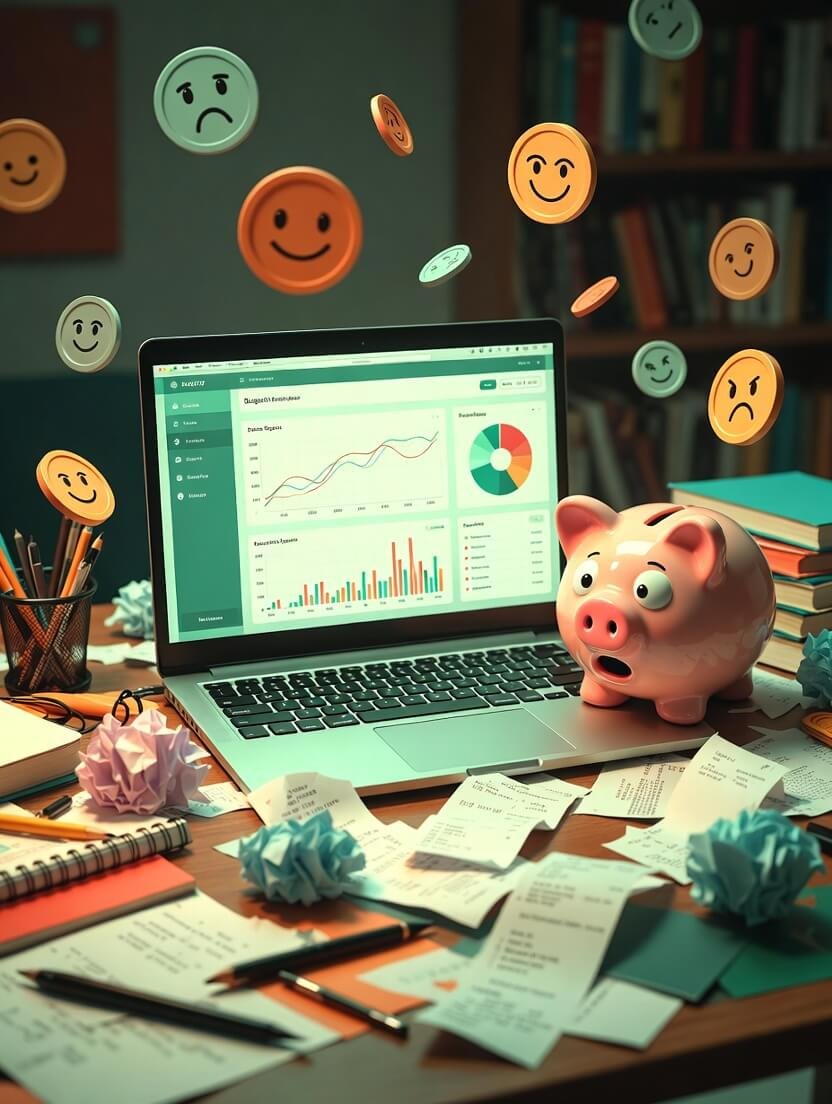 Cluttered desk at night with overdraft alert and sad dollar rain Cluttered desk at night with overdraft alert and sad dollar rain