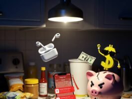 Best Budgeting Apps to Save More and Stress Less in 2025 luttered kitchen counter with budgeting chaos and dancing dollar sign