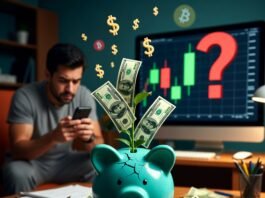 Mutual Funds 101: How to Invest and Grow Your Money Fast Cracked teal piggy bank sprouting dollars, confused investor, stock chart question mark