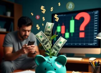 Mutual Funds 101: How to Invest and Grow Your Money Fast Cracked teal piggy bank sprouting dollars, confused investor, stock chart question mark