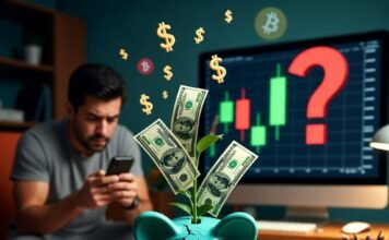 Mutual Funds 101: How to Invest and Grow Your Money Fast Cracked teal piggy bank sprouting dollars, confused investor, stock chart question mark