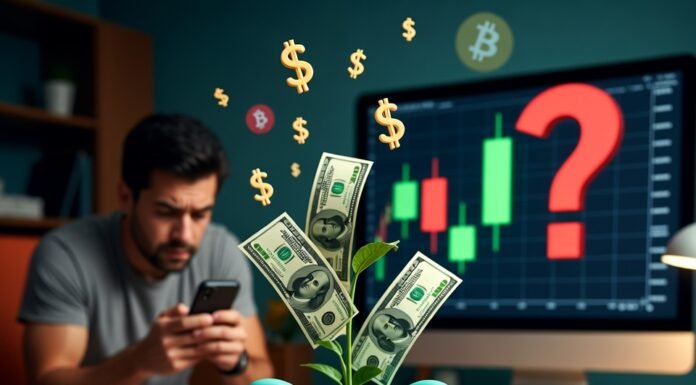 Mutual Funds 101: How to Invest and Grow Your Money Fast Cracked teal piggy bank sprouting dollars, confused investor, stock chart question mark