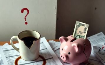 How to Create a Budget You’ll Actually Stick to? Messy desk with coffee stain, cracked piggy bank, negative budget.