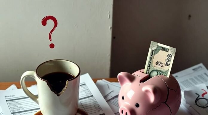 How to Create a Budget You’ll Actually Stick to? Messy desk with coffee stain, cracked piggy bank, negative budget.