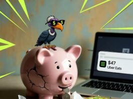 How to Stick to a Budget Even When Life Gets Expensive Cracked piggy bank with vulture and sad dollar bill