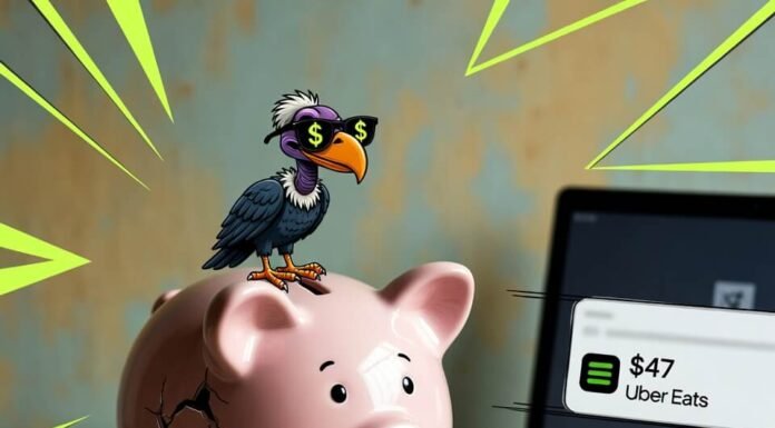 How to Stick to a Budget Even When Life Gets Expensive Cracked piggy bank with vulture and sad dollar bill