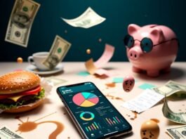 7 Best Budgeting Apps to Take Control of Your Money Cluttered desk chaos: budgeting app glows amid burger mess, smug piggy bank.