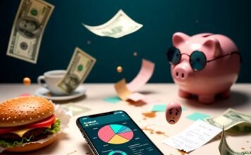 7 Best Budgeting Apps to Take Control of Your Money Cluttered desk chaos: budgeting app glows amid burger mess, smug piggy bank.