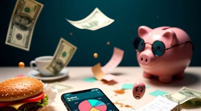 7 Best Budgeting Apps to Take Control of Your Money Cluttered desk chaos: budgeting app glows amid burger mess, smug piggy bank.