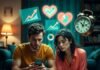 Top 5 Budgeting Apps for Couples Who Want to Build Wealth Together Couple reviewing budget app with glowing piggy bank and holograms