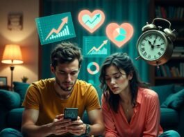 Top 5 Budgeting Apps for Couples Who Want to Build Wealth Together Couple reviewing budget app with glowing piggy bank and holograms