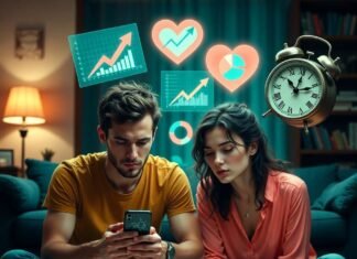 Top 5 Budgeting Apps for Couples Who Want to Build Wealth Together Couple reviewing budget app with glowing piggy bank and holograms