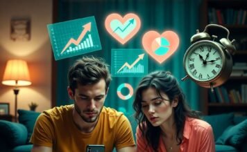 Top 5 Budgeting Apps for Couples Who Want to Build Wealth Together Couple reviewing budget app with glowing piggy bank and holograms