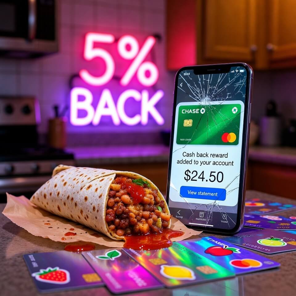 Half-eaten burrito dripping sauce on credit cards with neon "5% BACK"