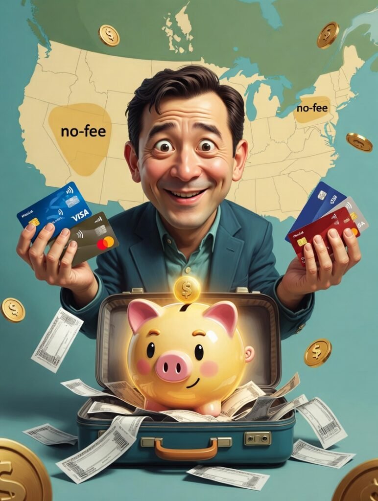 Person holding three travel credit cards in messy kitchen