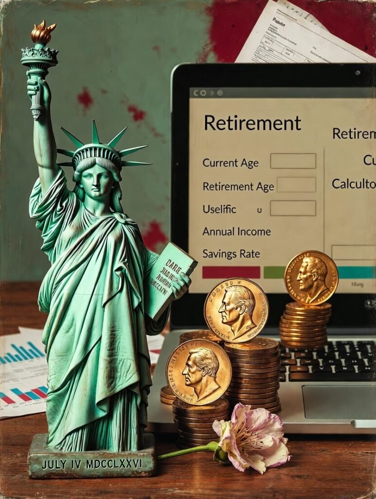 Quirky Statue of Liberty piggy bank with coins and retirement calculator