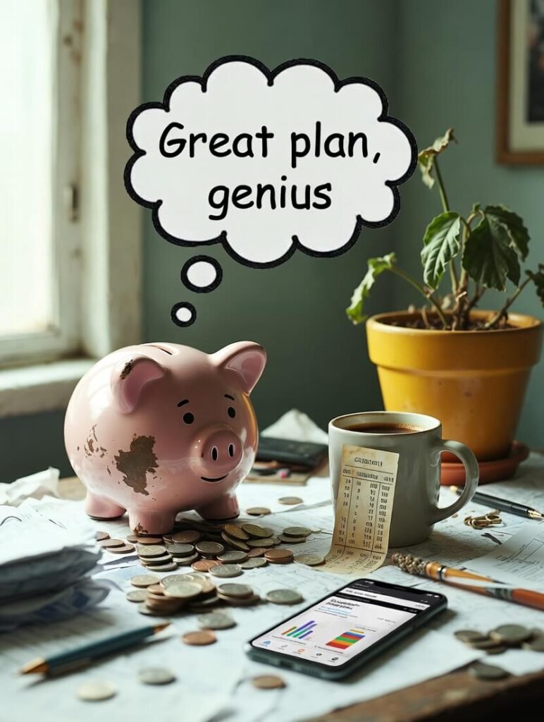 Visual Hand holding phone showing $12.47 retirement savings on messy desk