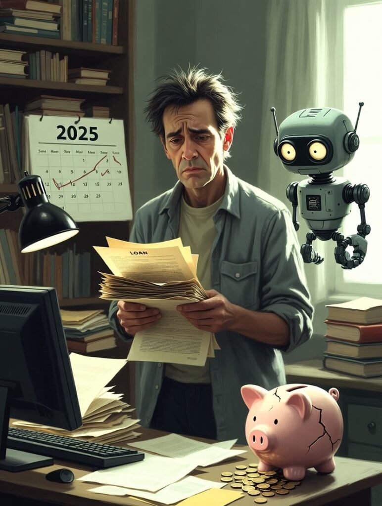 Stressed person at night with loan papers, cracked piggy bank