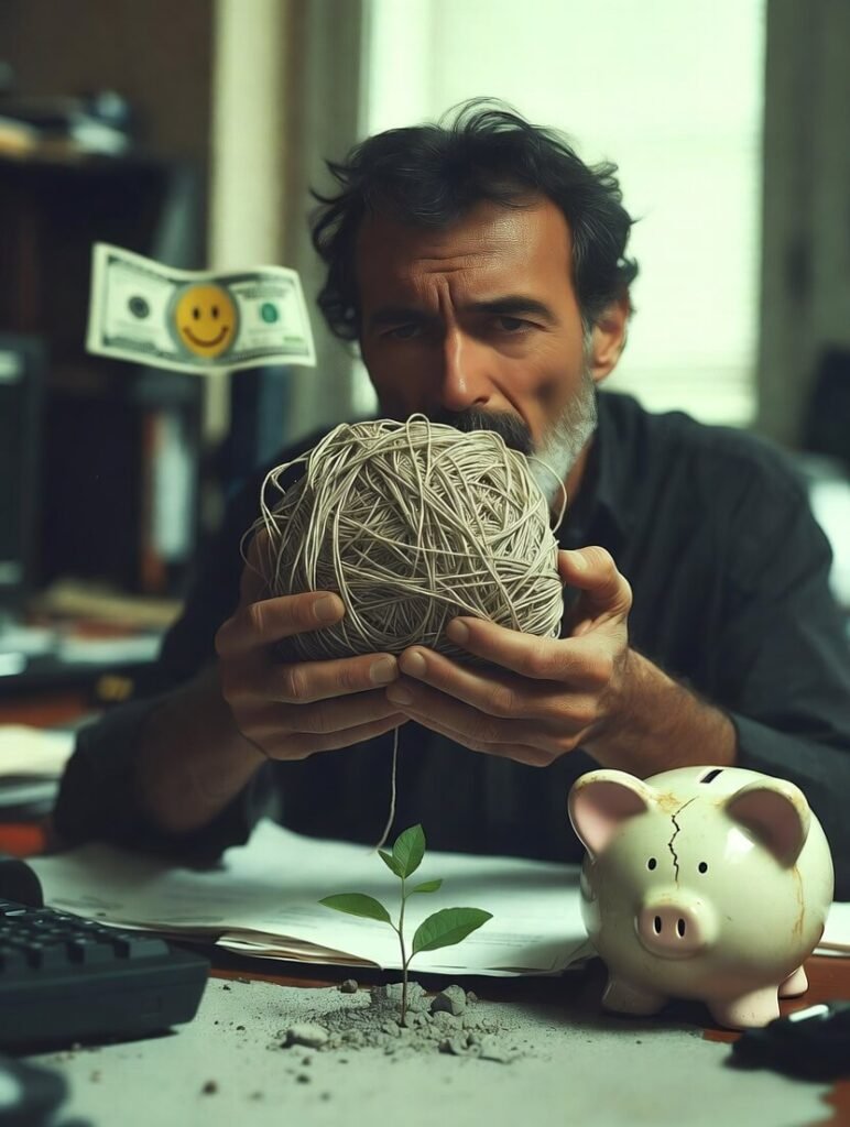 Cracked piggy bank in cape on cluttered desk with overdue calendar