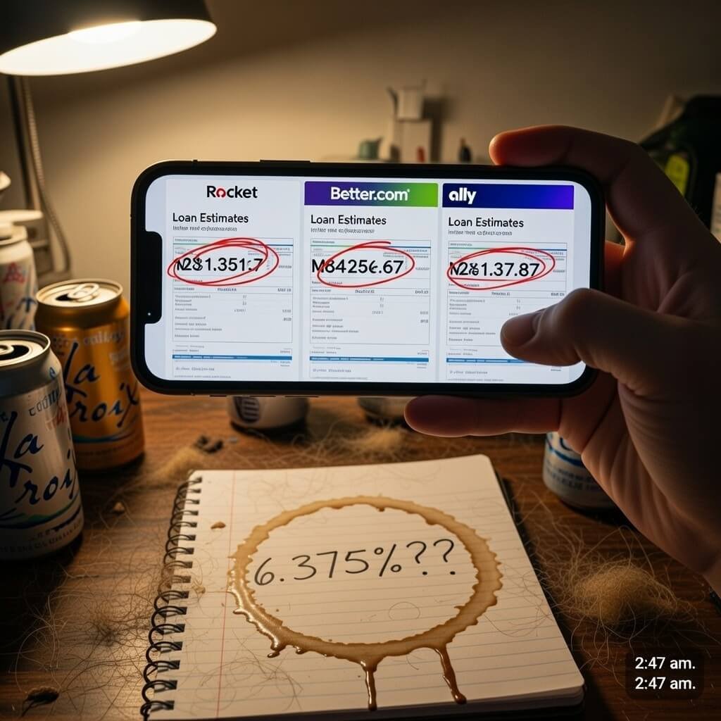 Late-night phone showing circled mortgage rates, coffee spill, dog hair