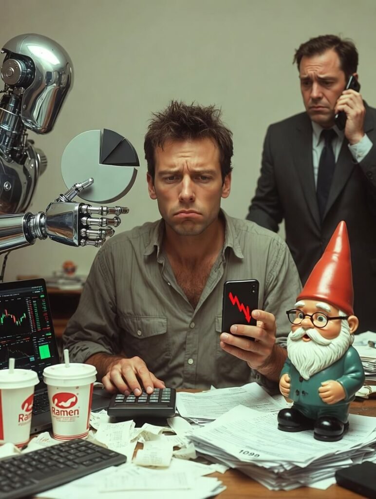 Stressed man juggling robo-advisor and human advisor chaos