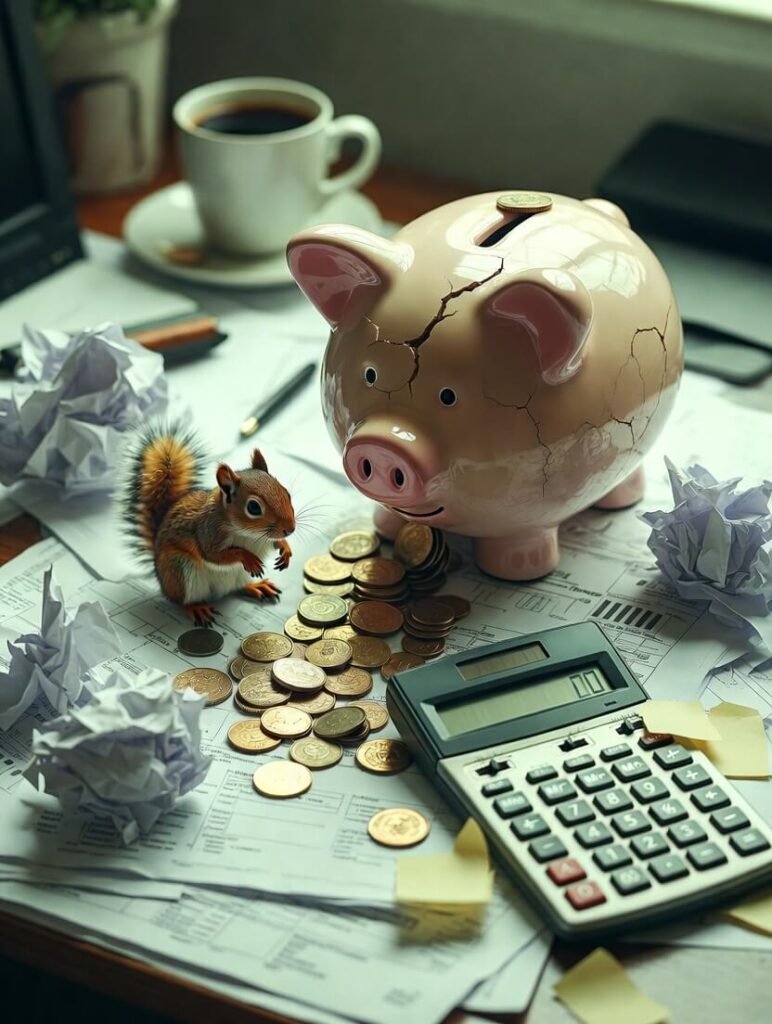 Cracked piggy bank spilling coins with sneaky squirrel