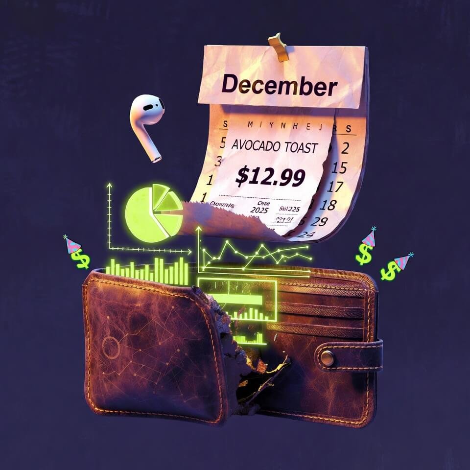 Worn wallet spilling holographic charts, avocado toast receipt