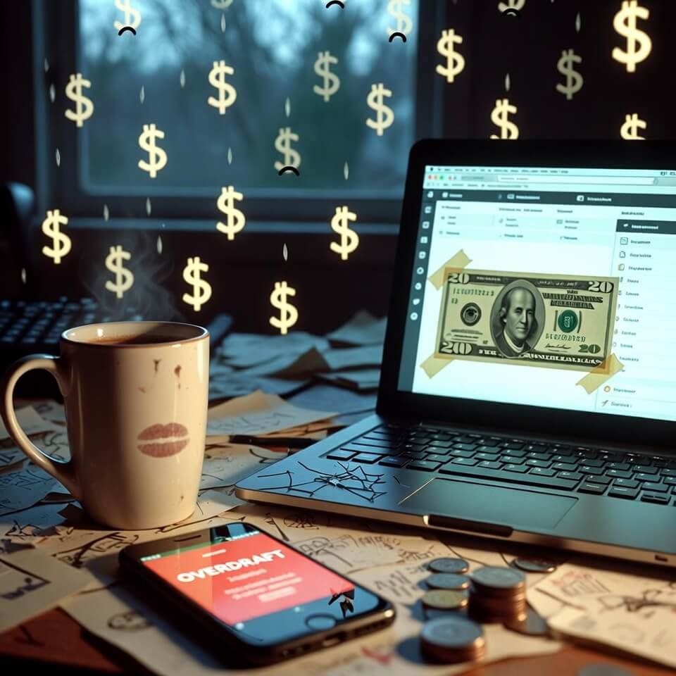 Cluttered desk at night with overdraft alert and sad dollar rain
