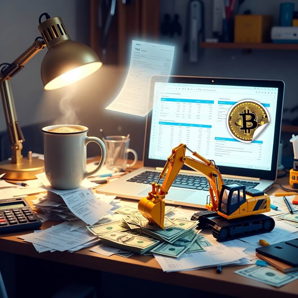 Chaotic 3 a.m. desk with receipts, Xero, toy excavator