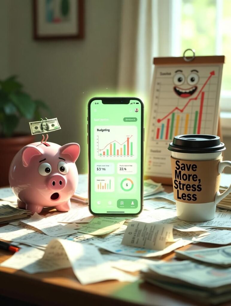 luttered kitchen counter with budgeting chaos and dancing dollar sign