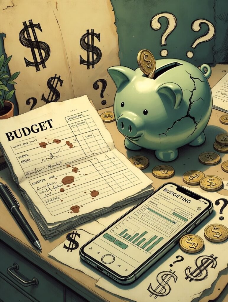 Messy desk with coffee stain, cracked piggy bank, negative budget.