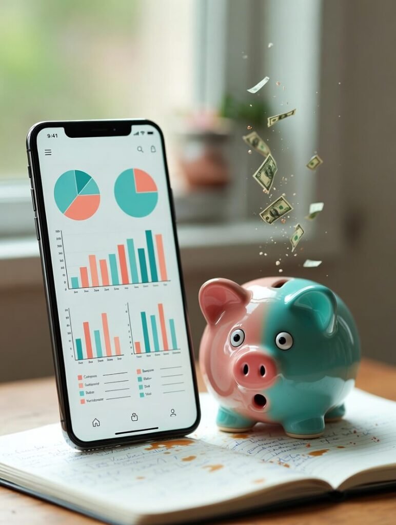 Cluttered desk chaos: budgeting app glows amid burger mess, smug piggy bank.