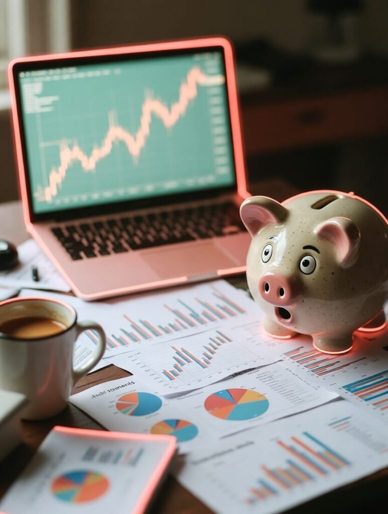 Cracked piggy bank spilling $100 bills with Robinhood app and pizza