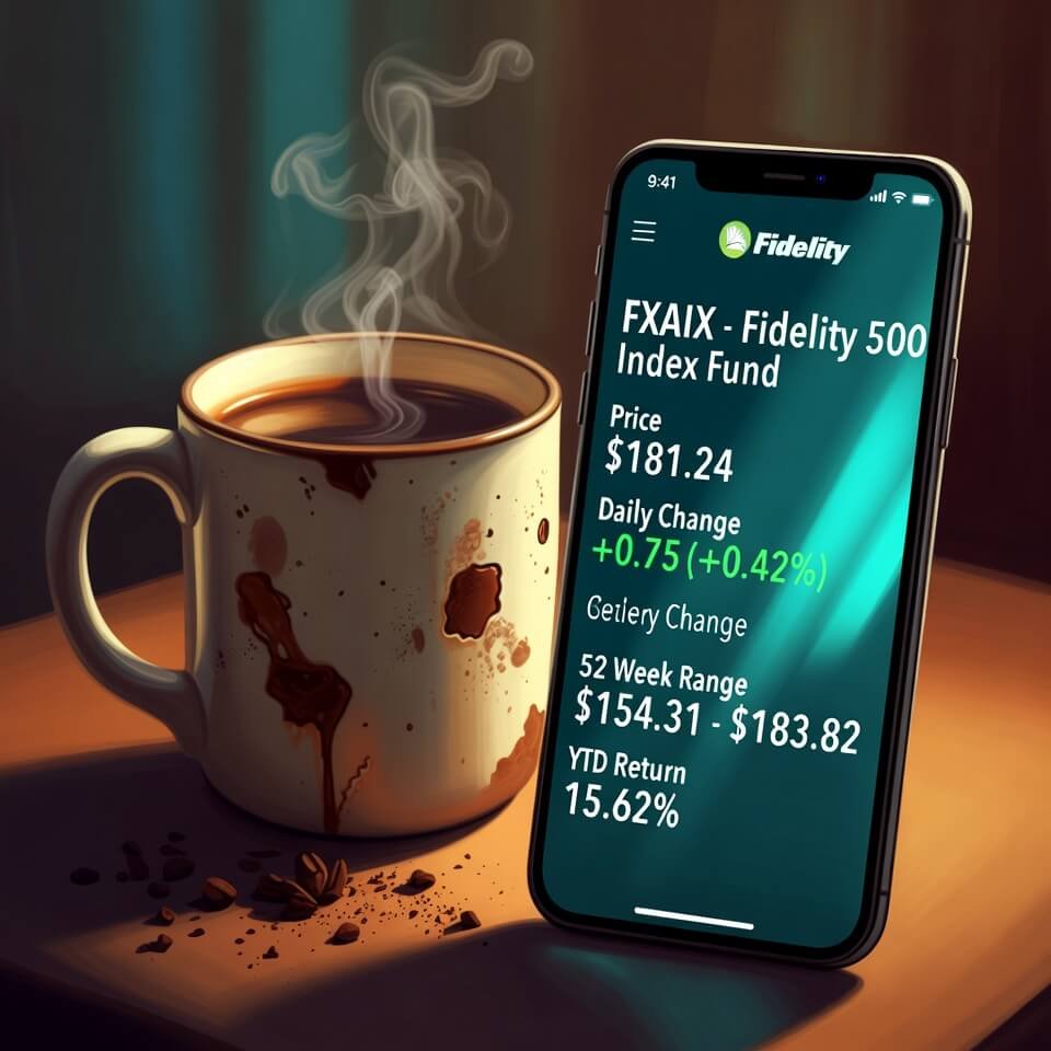 Chipped coffee mug steaming beside Fidelity FXAIX app
