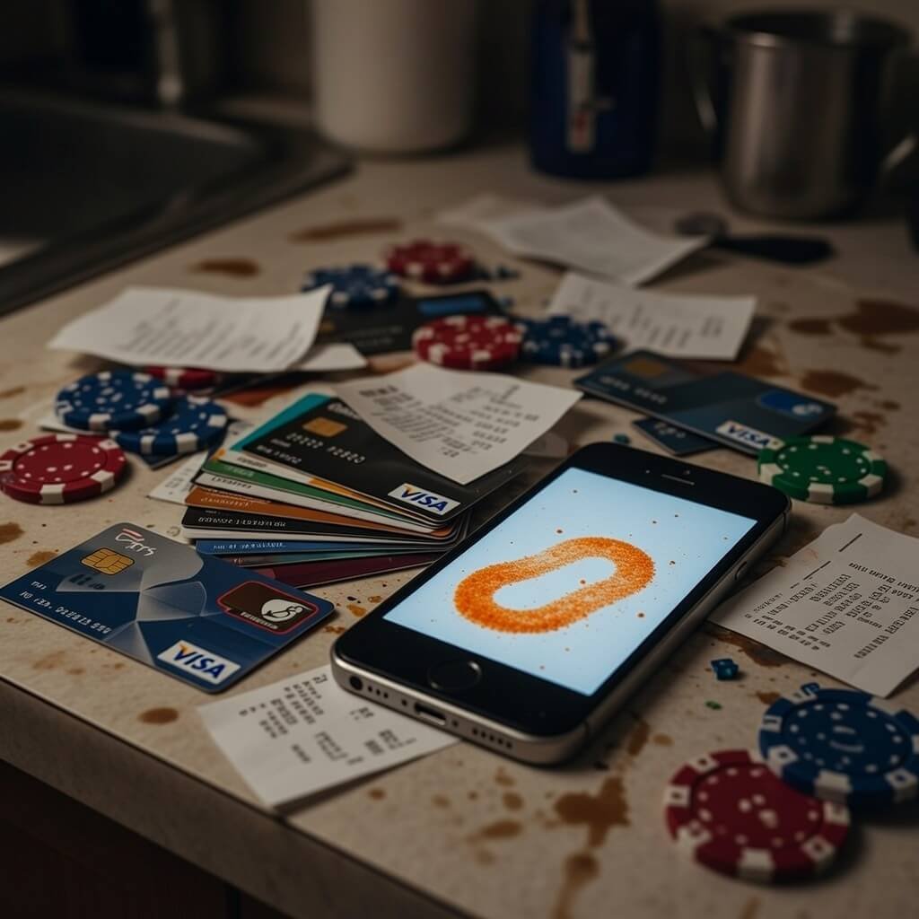 Chaotic wallet with fanned credit cards, receipts, and Cheeto dust