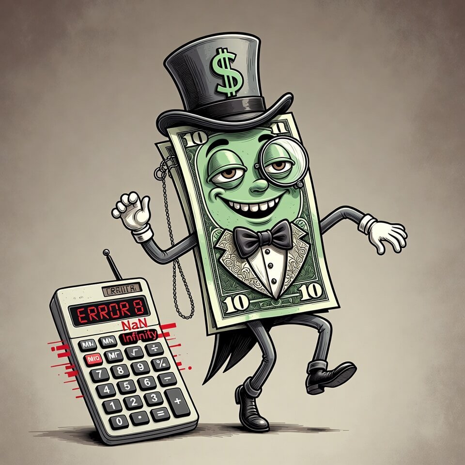 Smug dancing dollar bill mocking calculator error
