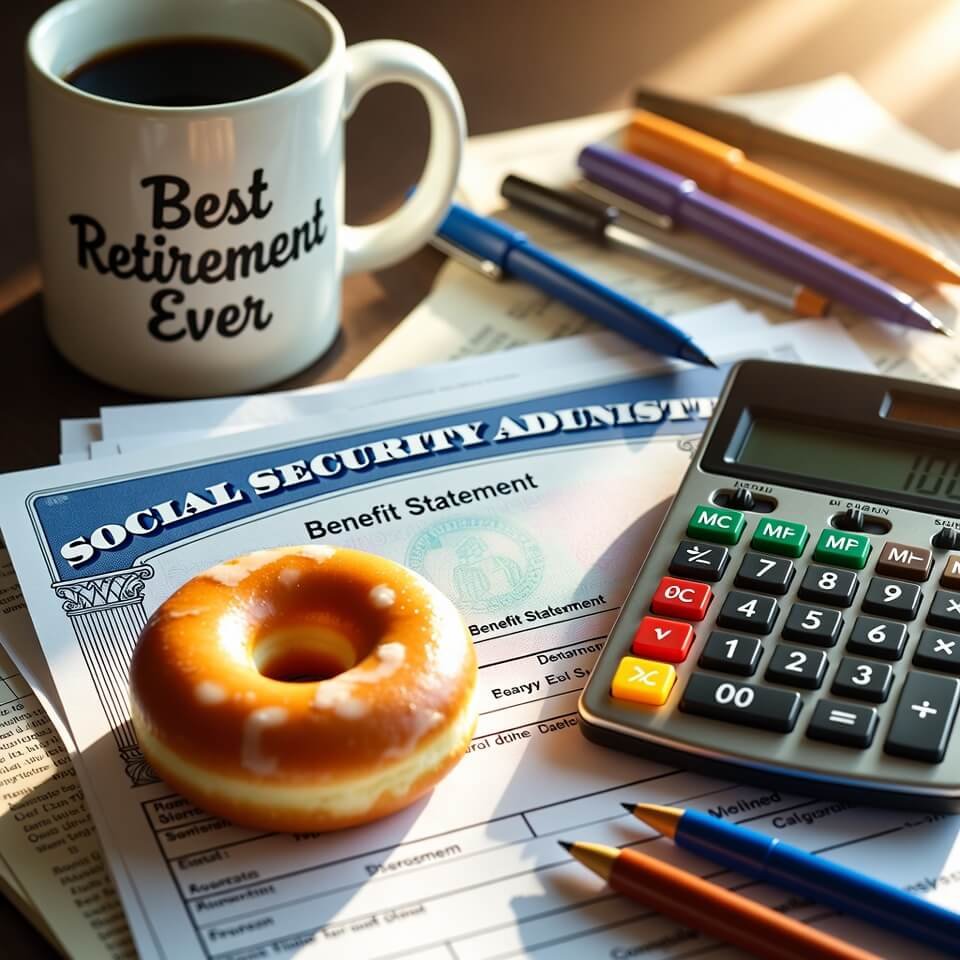 Half-eaten donut on Social Security statement with calculator and mug