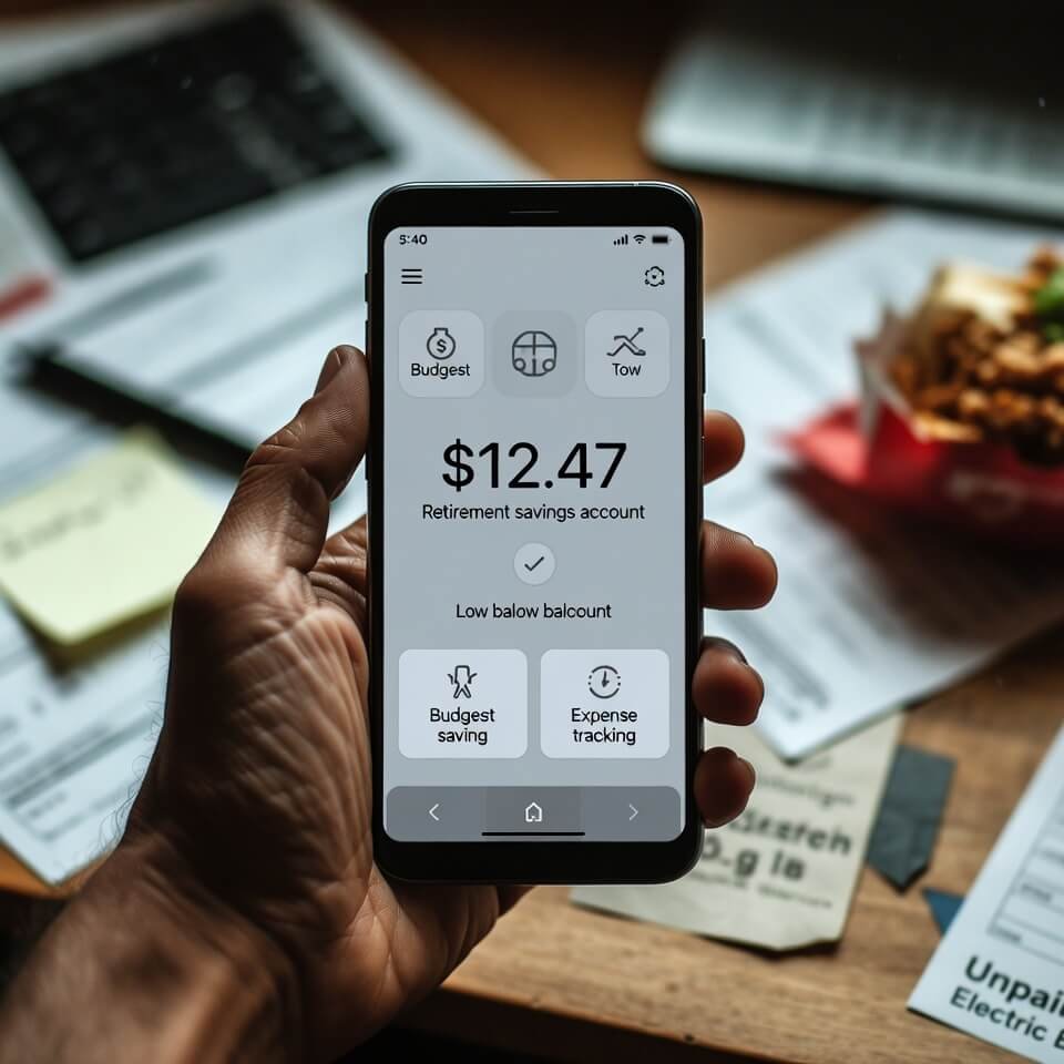 Visual Hand holding phone showing $12.47 retirement savings on messy desk