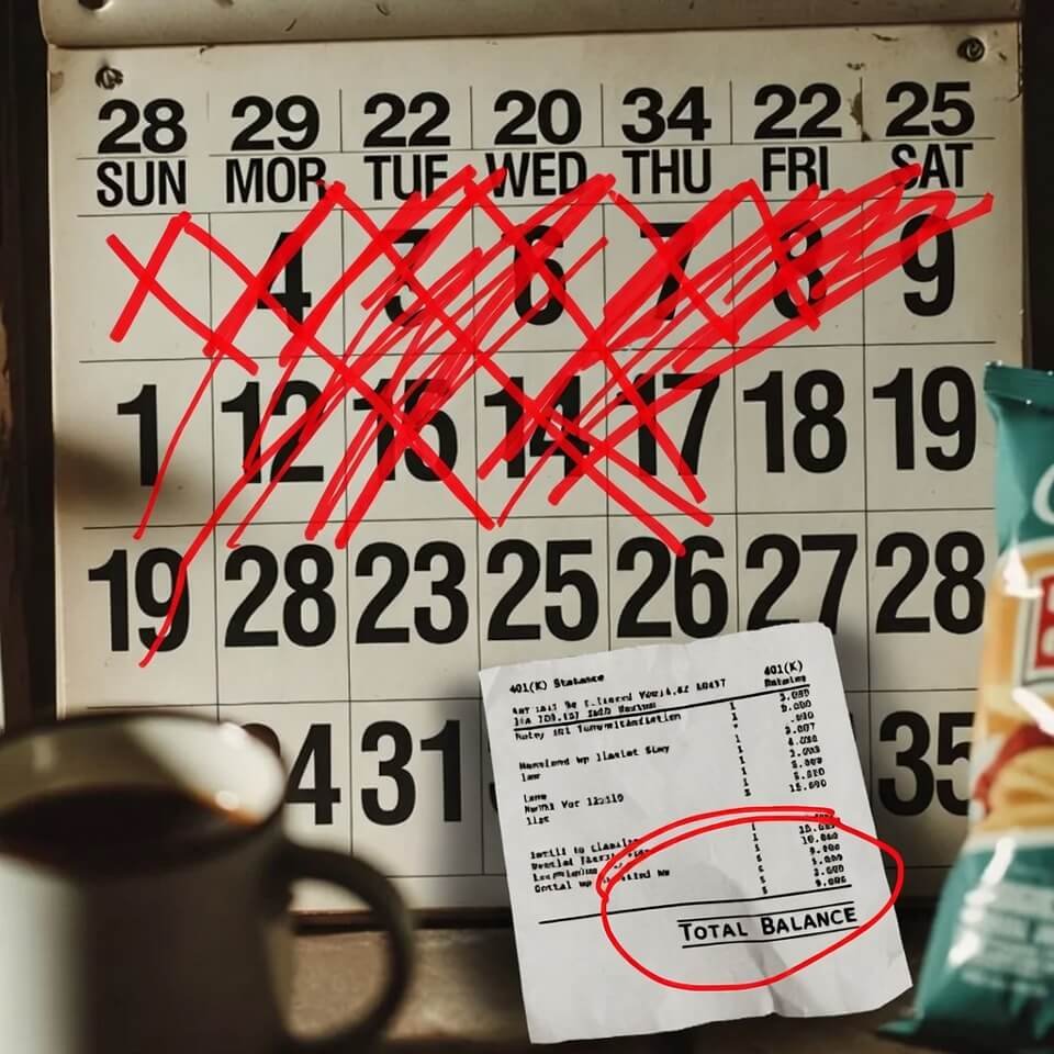 Old calendar with years 28–35 crossed out, low 401(k) statement circled