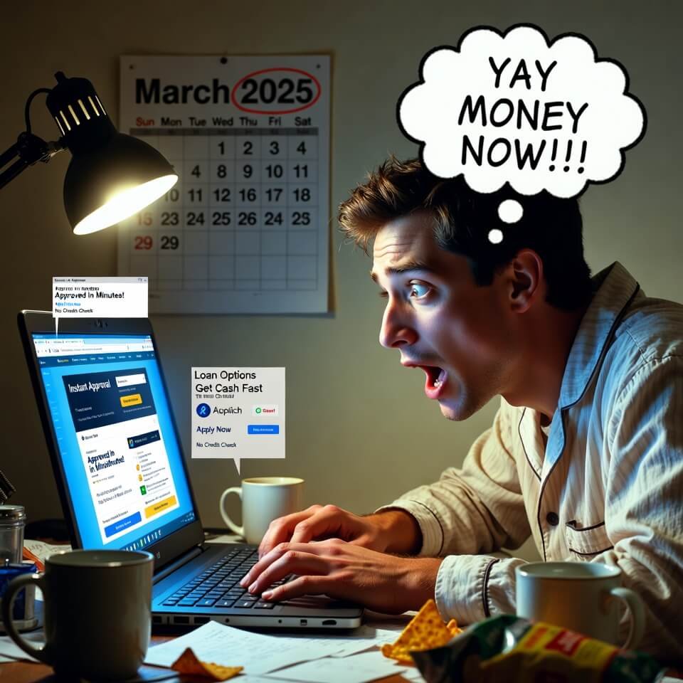 Person in pajamas frantically applying for loans at 3 a.m., thought bubble says