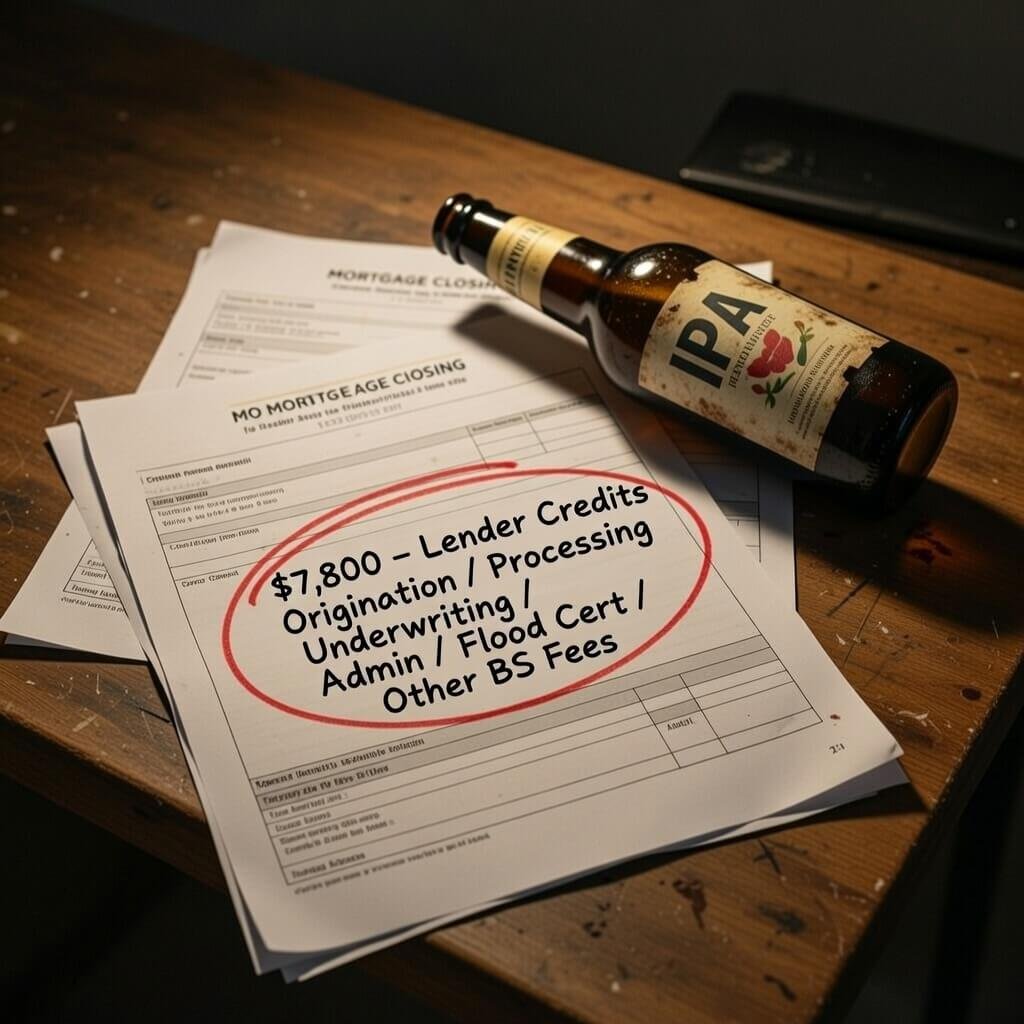 Mortgage fees circled in red, tipped-over IPA bottle on table