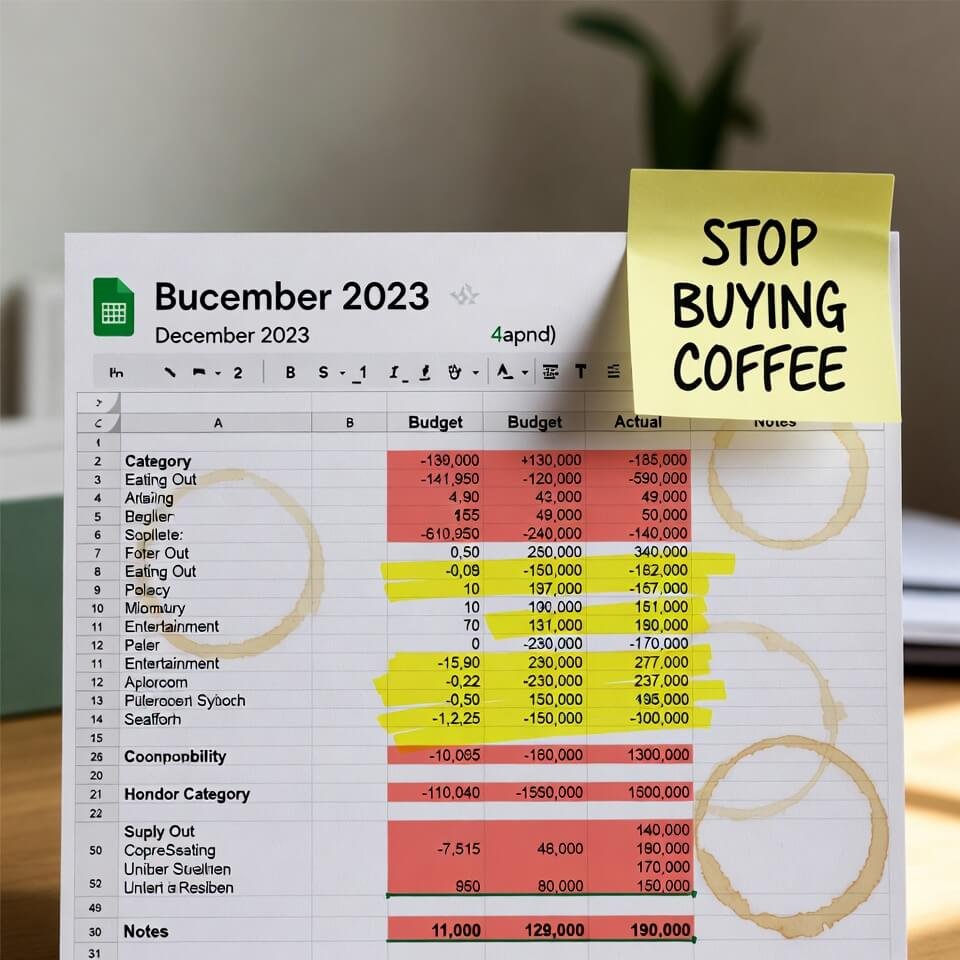 Printed budget sheet with red overspending and coffee stains.