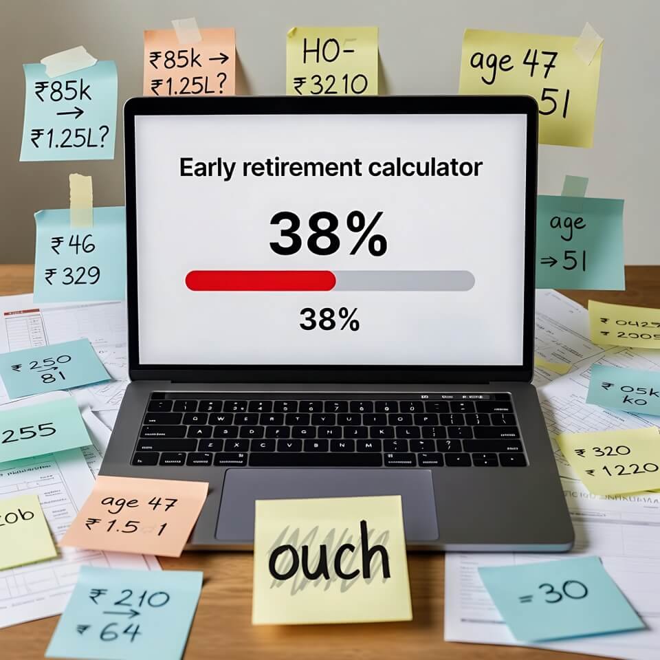 Laptop showing 38% early retirement progress bar and "ouch" note