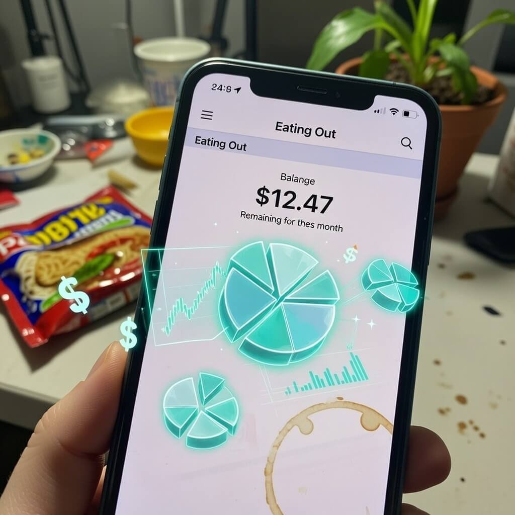 iPhone showing YNAB with $12.47 left in Eating Out, coffee stain.