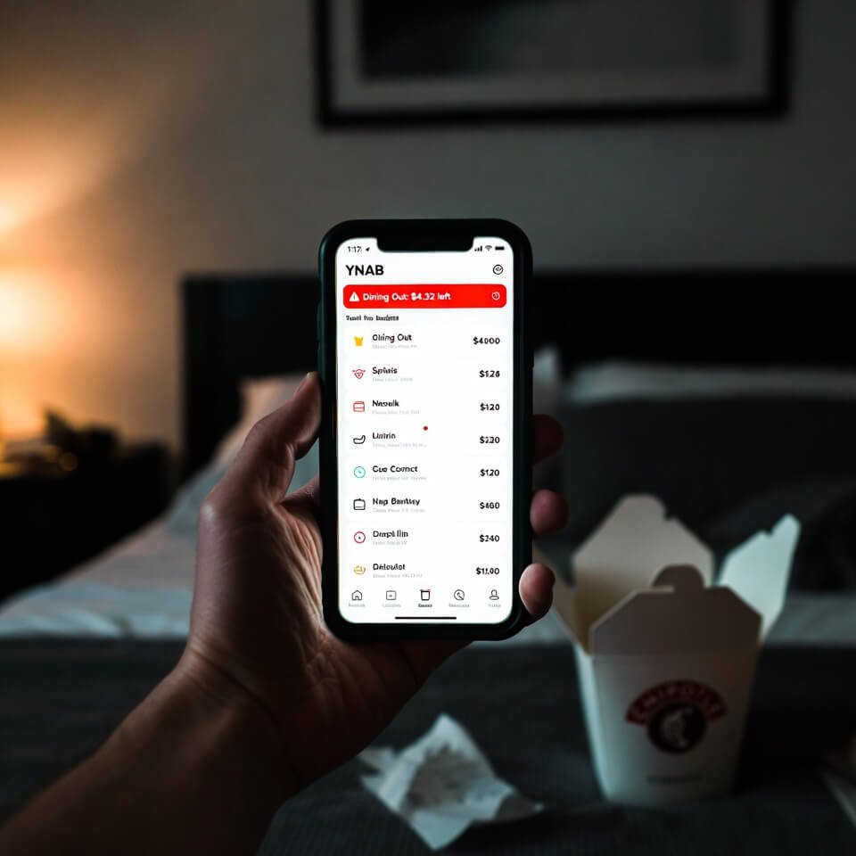Hand holding credit card, YNAB app showing $4.32 left at 1:17 a.m.
