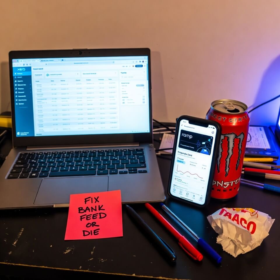 Messy desk: Xero laptop, Ramp phone, "FIX BANK FEED OR DIE" note