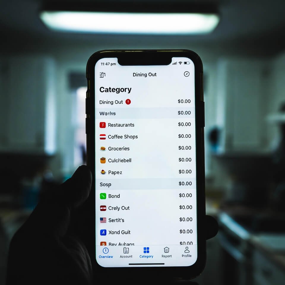 Tired phone screen showing YNAB Dining Out at $0.00