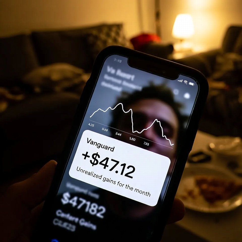 Messy notebook: "Month 3: $820 invested → actually compounding???" with coffee stain