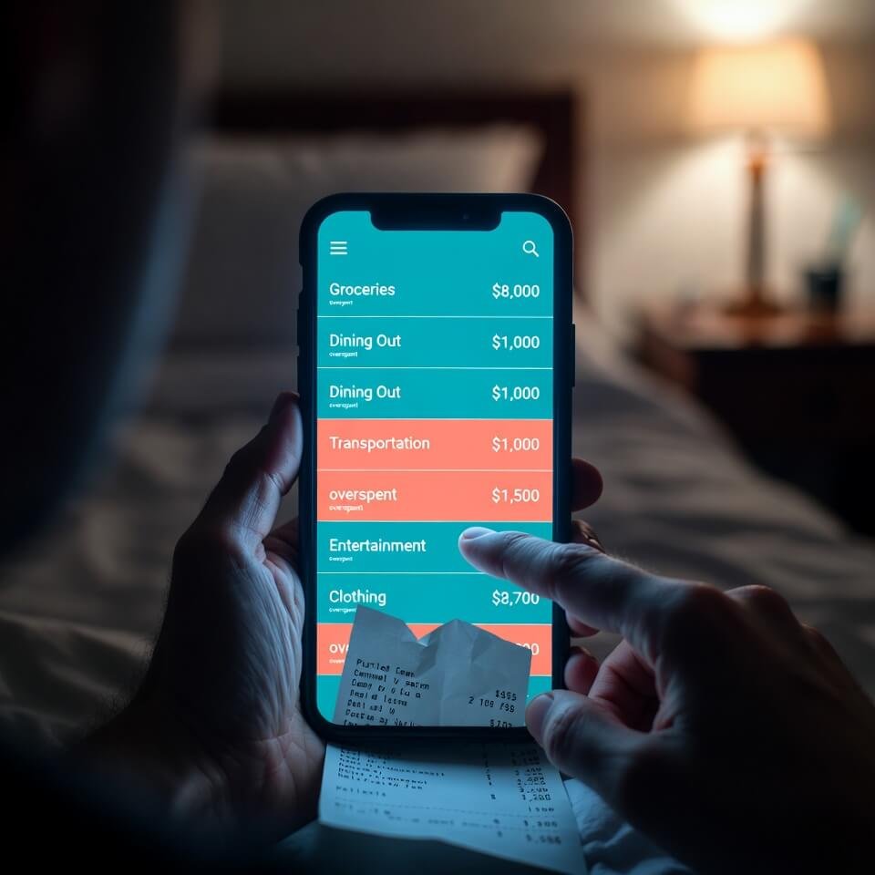 YNAB overspent alerts: finger accuses red warnings on dim phone screen.